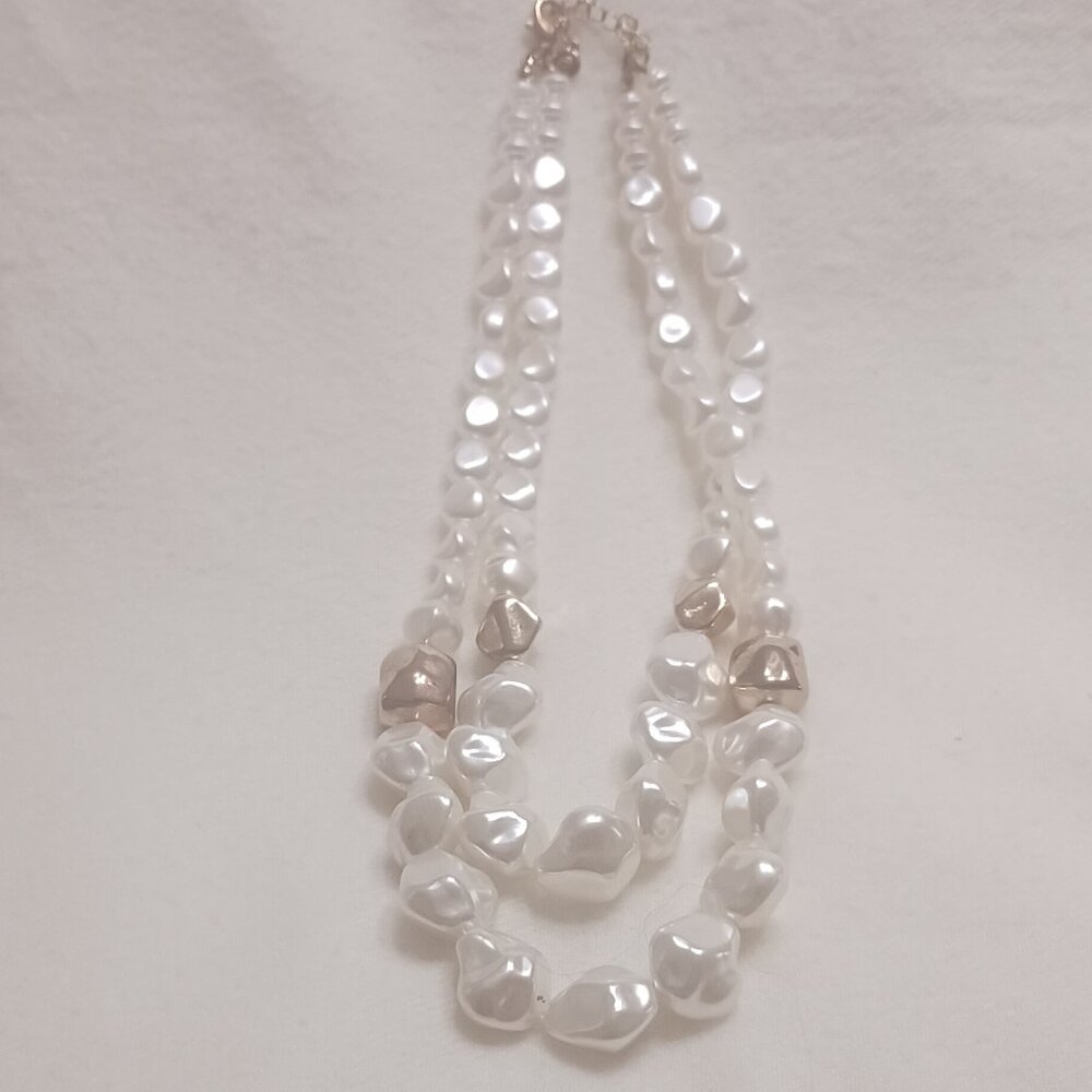 Costume Pearl and Gold Tone Double Strand Necklace
